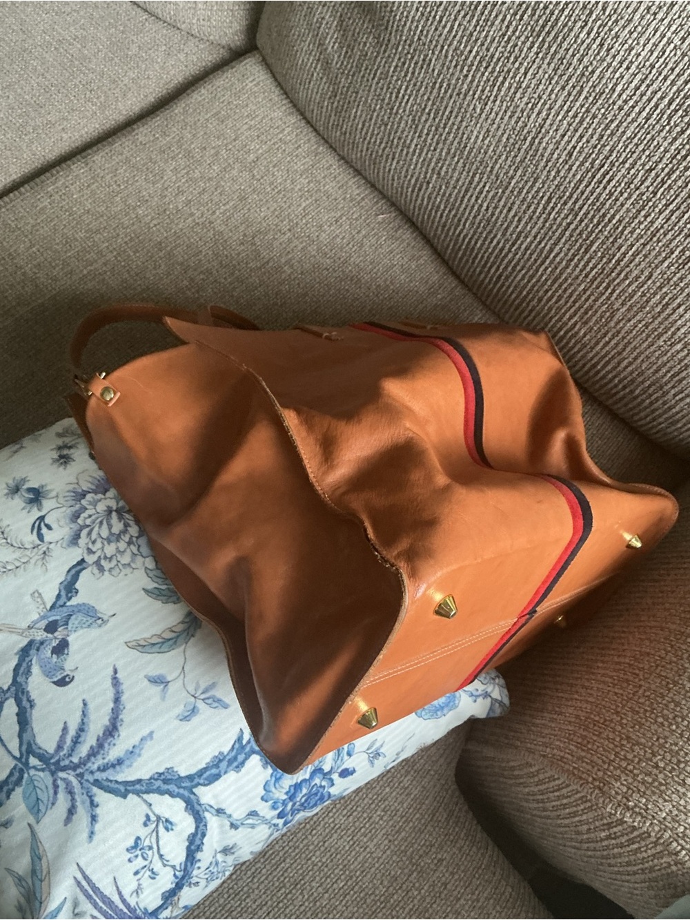 Clare V Tan Leather Tote with Red and Brown Stripe - Picture 7 of 12